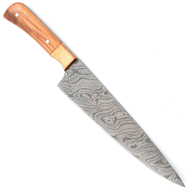 White Deer Damascus Chef Knife, 8" Blade, Olive Wood Handle with Copper Guard