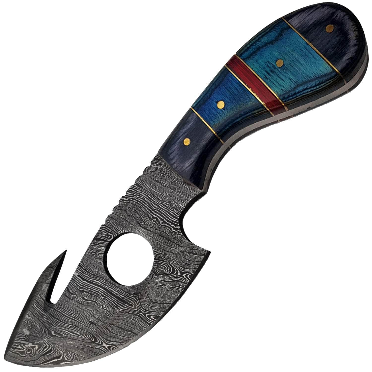 White Deer Damascus Gut Hook Hunting Knife, 4.5" Blade, Wood Handle, Sheath