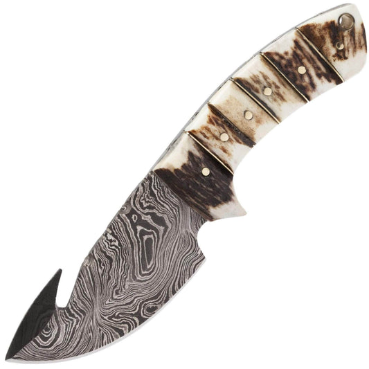 White Deer Damascus Steel Skinner, 3.5" Guthook Blade, Stag Handle, Sheath