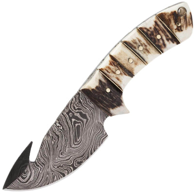 White Deer Damascus Steel Skinner, 3.5" Guthook Blade, Stag Handle, Sheath