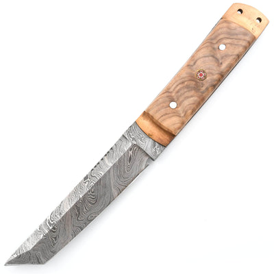 White Deer Damascus Hunting Knife, 5" Tanto Blade, Burl Olive Wood Handle, Sheath - DM-2197