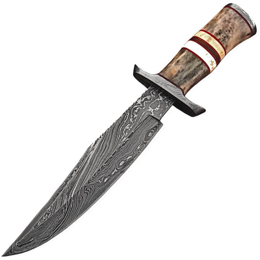 White Deer Damascus Hunting Knife, 8" Blade, Bone Handle, Leather Sheath