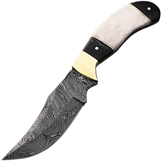 White Deer Damascus Hunting Knife, 4.5" Blade, Buffalo Horn/Camel Bone Handle, Sheath