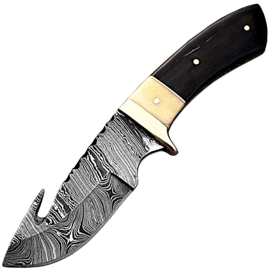 White Deer Damascus Hunting Knife, 4" Guthook Blade, Bone/Horn Handle, Sheath