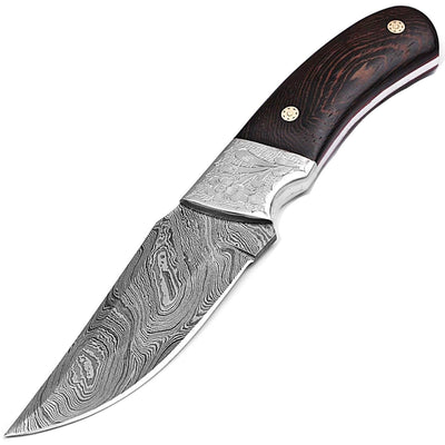 White Deer Damascus Knife, 4.75" Blade, Cocobolo Wood Handle, Leather Sheath - DF-201