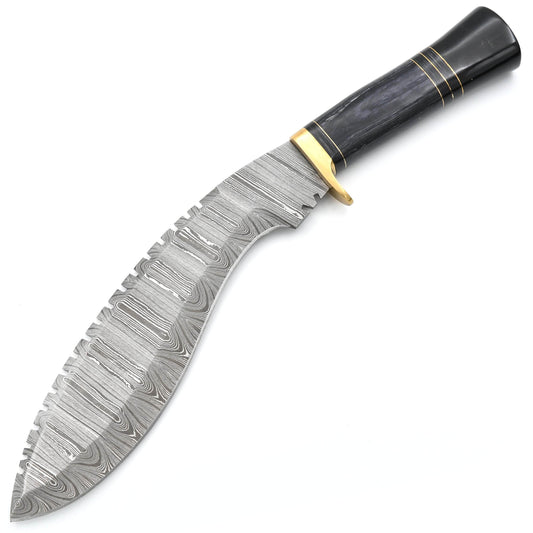 White Deer Damascus Kukri, 10" Blade, Wood & Buffalo Horn Handle, Sheath - DM-2206