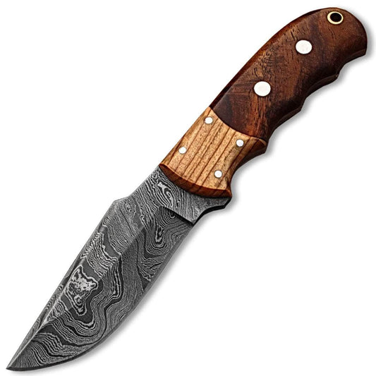 White Deer Damascus Skinner, 4" Blade, Rosewood/Olive Wood Handle, Sheath - DM-2275