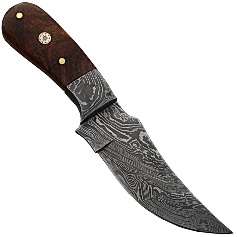 White Deer Damascus Skinner, 4.5" Blade, Wood Handle, Leather Sheath - DM-2185