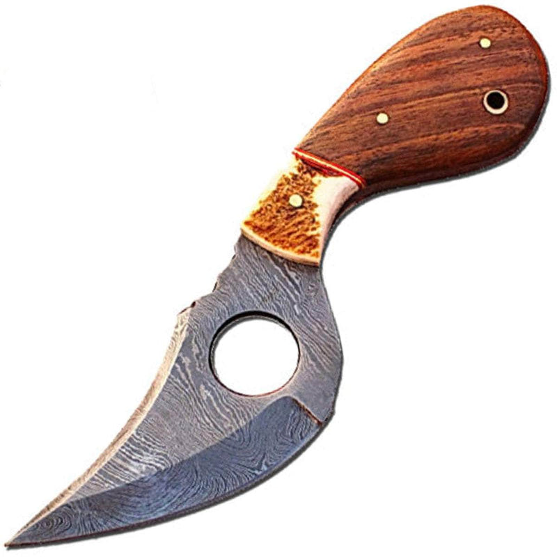 White Deer Damascus Skinner, 3" Blade, Stag/Wood Handle, Sheath - DM-1030