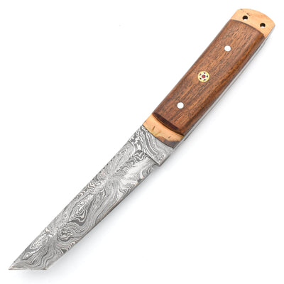 White Deer Damascus Tanto Hunting Knife, 5" Blade, Wood Handle, Sheath - DM-2198