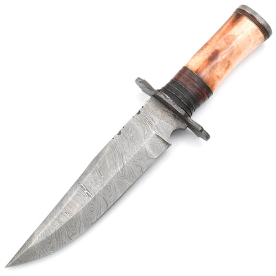 White Deer Damascus Hunting Knife, 7.3" Blade, Bone Handle, Sheath - DM-2225