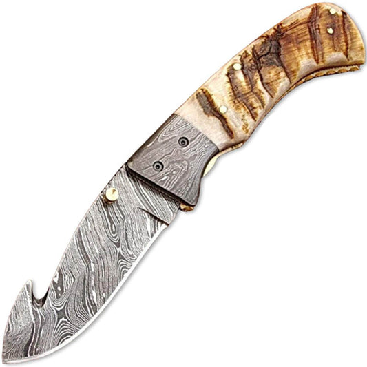 Handmade Folding Guthook Knife Ram Horn Handle Damascus Bolsteri