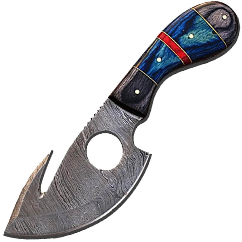 White Deer Damascus Gut Hook Hunting Knife, 4.5" Blade, Wood Handle, Sheath - DM-131