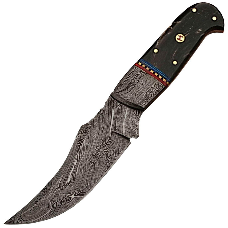 White Deer Damascus Steel Hunting Knife, 5" Blade, Buffalo Horn Handle, Sheath