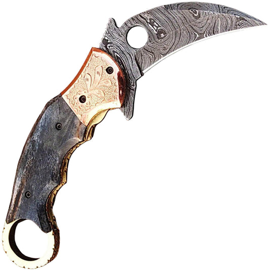 White Deer Ka-Rambo Damascus Folding Karambit, 3.5" Blade, Giraffe Bone Handle, Sheath