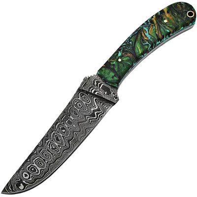 White Deer Large Executive Damascus Knife, 5.4" Blade, Green Resin Handle, Sheath