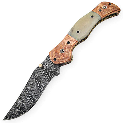 White Deer Magnum Rancher, 4.1" Damascus Blade, Copper/Camel Bone Handle