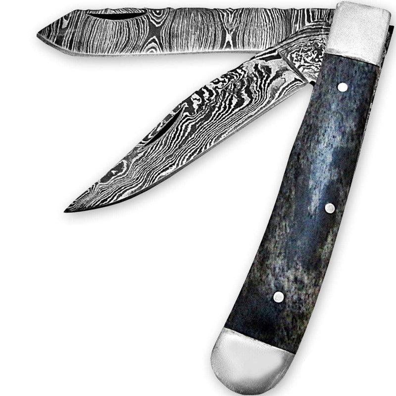 White Deer Master Trapper Damascus Knife, 2 3.25" Blades, Giraffe Bone - FDM-2388