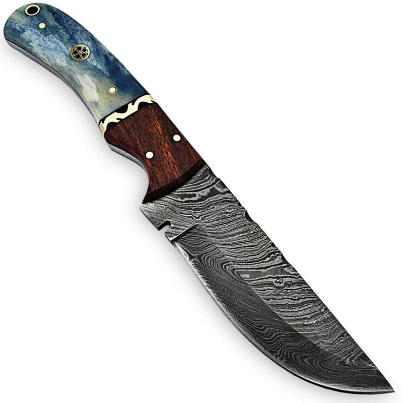 White Deer Blue Bunyan Knife, 4.4" Damascus Blade, Bison Bone & Hardwood Handle, Sheath - WDM-2379