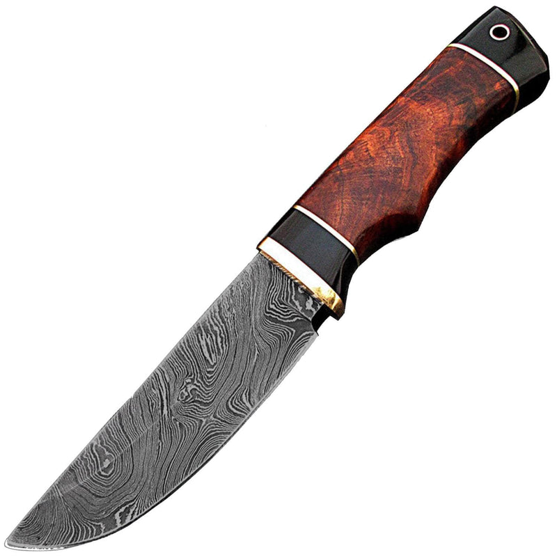 White Deer Rebel Komrad Damascus Knife, 5" Blade, Wood Handle - DM-2310