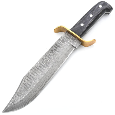 White Deer Traditional Bowie Knife, 10" Damascus Blade, Wood Handle, Sheath - DM-022