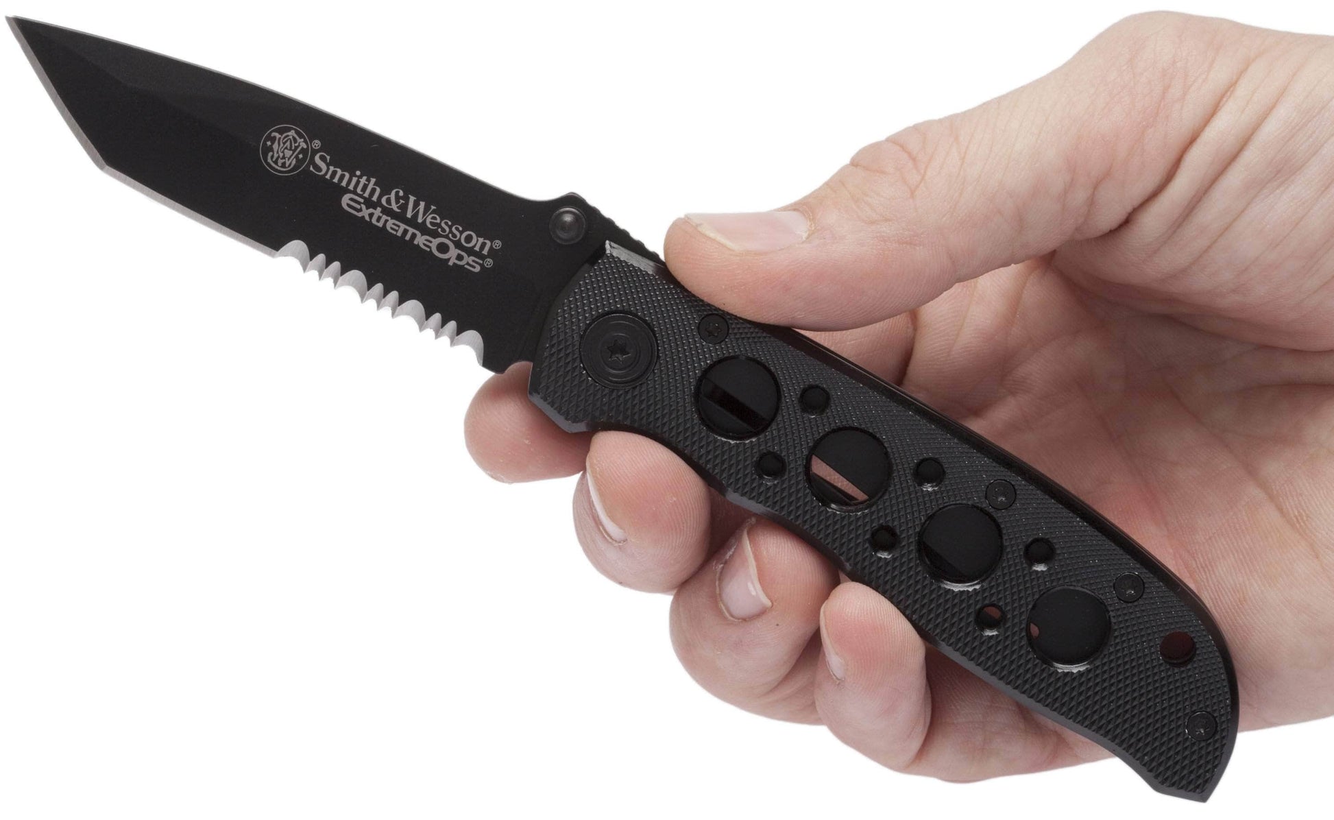 Smith & Wesson Bullseye Extreme OPS, 3.2" Combo Blade, Black Aluminum Handle - CK5TBS