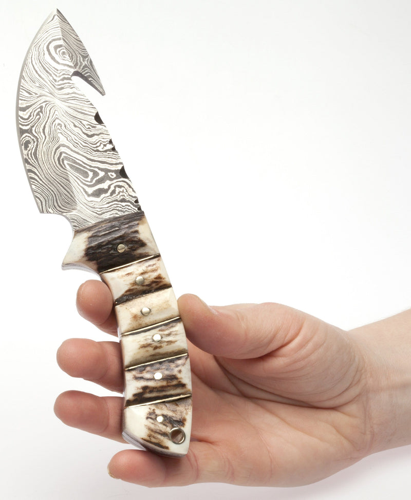 Damascus Steel Skinner Knife w/ Stag Handle and Gut Hook