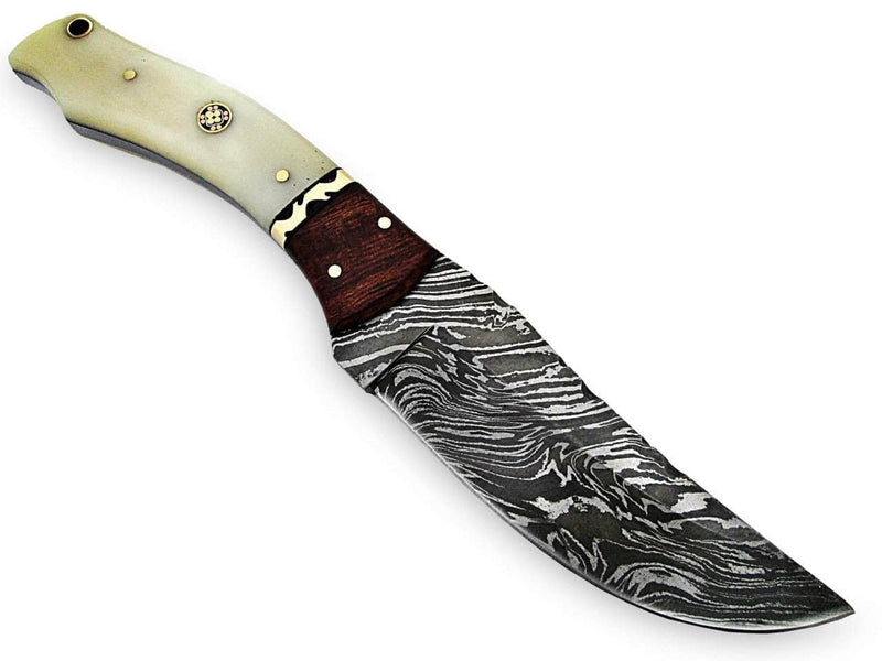 White Deer Executive Strait-Back Damascus Steel Knife Bison Bone & Hardwood Handle