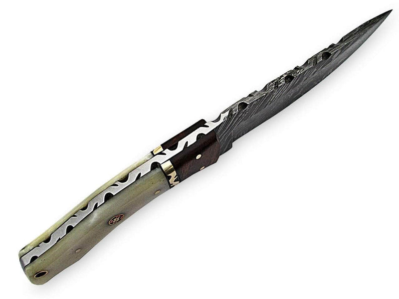 White Deer Executive Strait-Back Damascus Steel Knife Bison Bone & Hardwood Handle