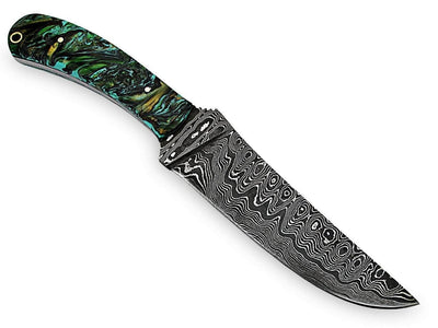 White Deer Large Executive Damascus Steel Knife Full Tang Metallic Resin Handle