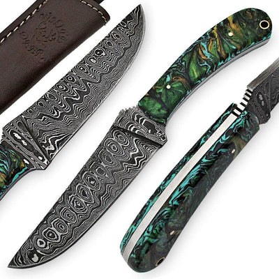 White Deer Large Executive Damascus Steel Knife Full Tang Metallic Resin Handle