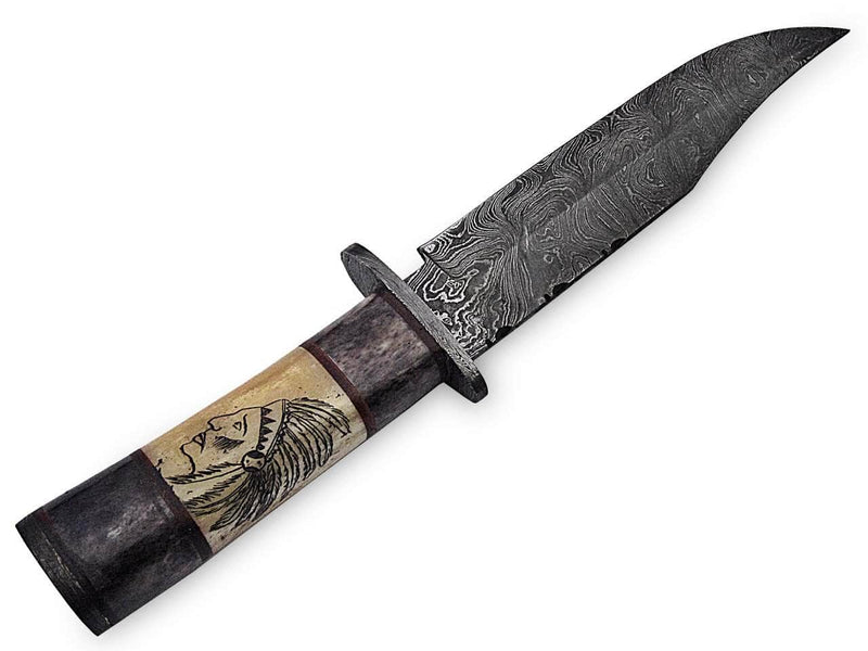 Out Back Damascus Steel Native Indian Scrimshaw Bowie