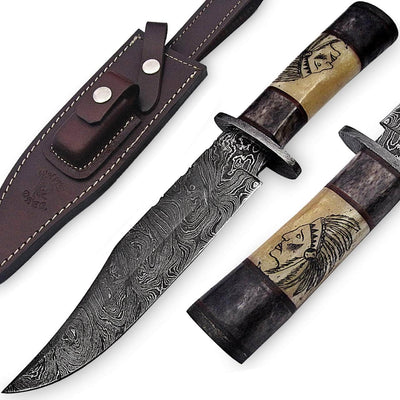 Out Back Damascus Steel Native Indian Scrimshaw Bowie