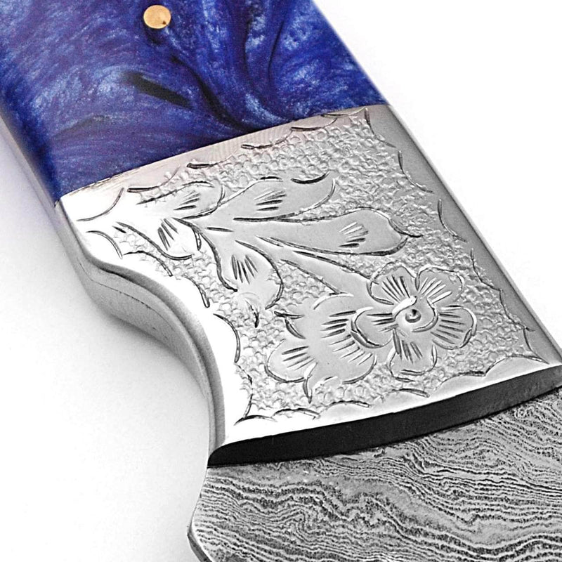 WHITE DEER Damascus Steel Knife Black & Blue Buffalo Horn Handle