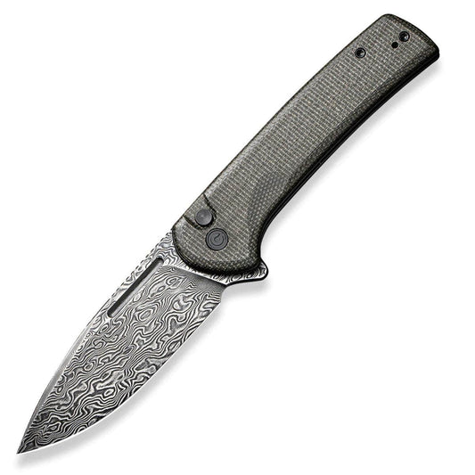 CIVIVI Conspirator, 3.48" Damascus Button Lock Blade, Dark Green Micarta Handle - C21006-DS1