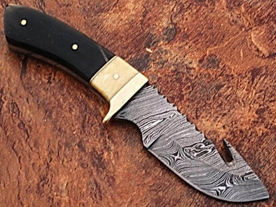 Damascus Steel Hunting Knife w/ Camel Bone & Buffalo Horn Handle