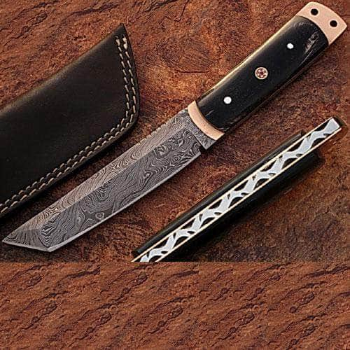 White Deer Damascus Steel Tanto Point Hunting Knife Buffalo Horn