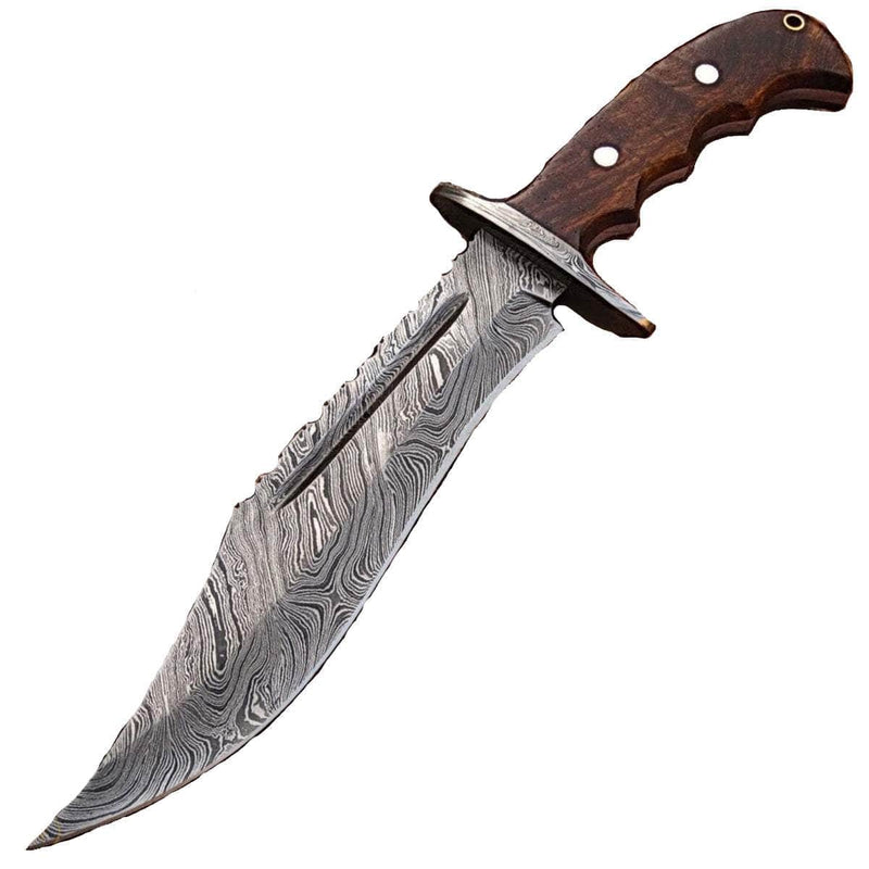 White Deer Damascus Steel Blood Groove Bowie Knife with Rose Wood Handle