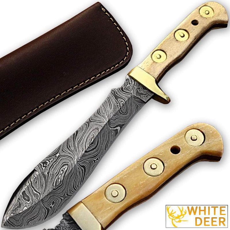 Custom Made Damascus Steel Puma Hunting Knife with Bone Handle