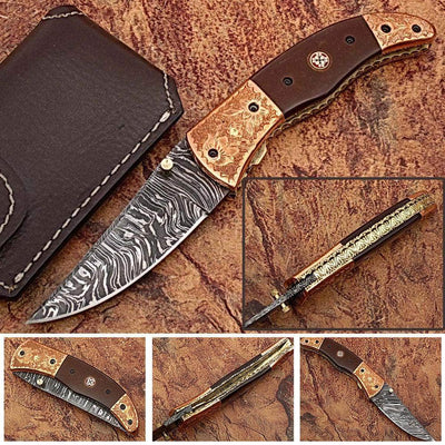 Executive Series Bakelite Folding Damascus Knife Solid Brass ENGRAVED Bolster
