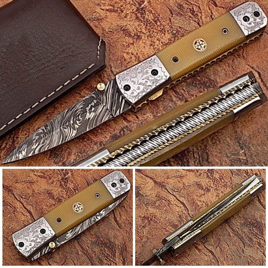 Italian Stallion Damascus Folding Knife ENGRAVED Steel Bolster Camel Bone Grip