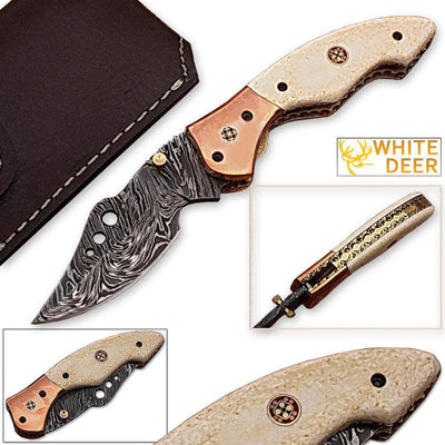WHITE DEER Executive Series Damascus Folding Knife Rose Copper Bolster Bison Grip