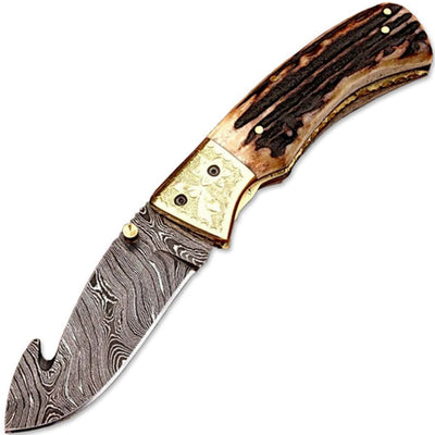 White Deer Forged Damascus, 3.4" Guthook Blade, Stag Handle - FDM-2536
