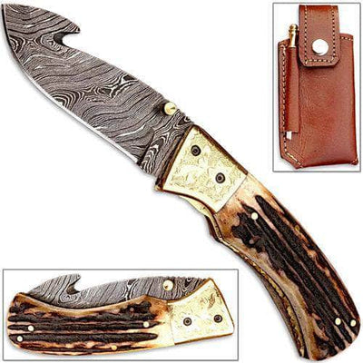 Forged Damascus Folding Knife Guthook Stag Handle