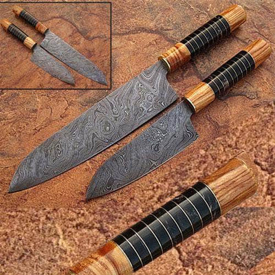 2 PCS SET Damascus Steel Chef Knife Olive Wood & Buffalo Horn