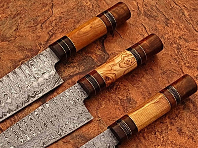 White Deer Custom Made Damascus Chef Knife Set of 3 Knife Olive Wood Handle