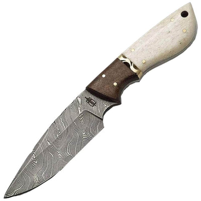 BucknBear Drop Point Hunter, 4" Damascus Blade, Camel Bone Handle - BNB134652