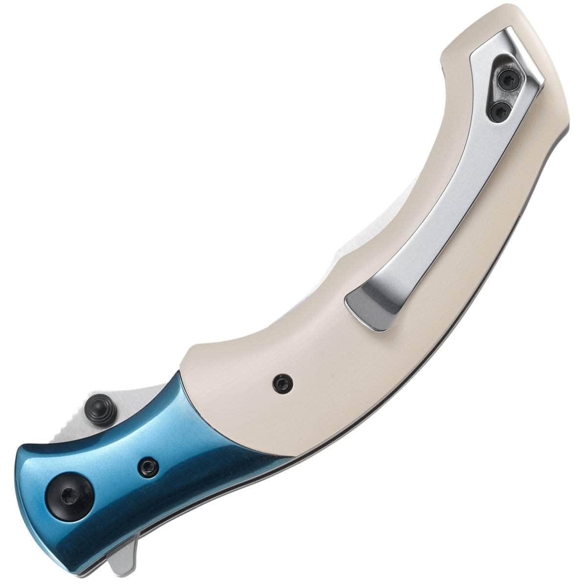 CRKT Ritual 7471 showing ivory resin-infused fiber handle, steel bolster and Persian-inspired profile