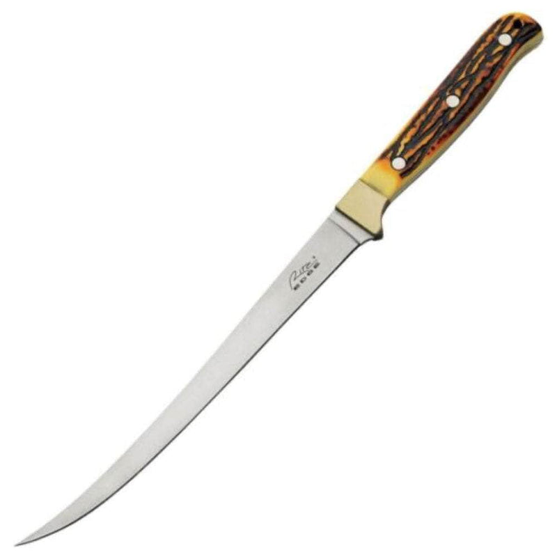 Rite Edge Fillet Knife, 12.25" Overall Length, Faux Stag Handle, Leather Sheath