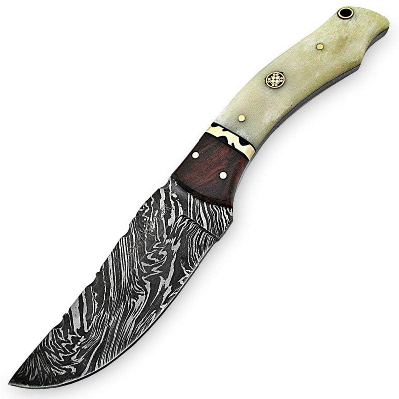 White Deer Executive Strait-Back Damascus Knife, Bison Bone & Hardwood Handle